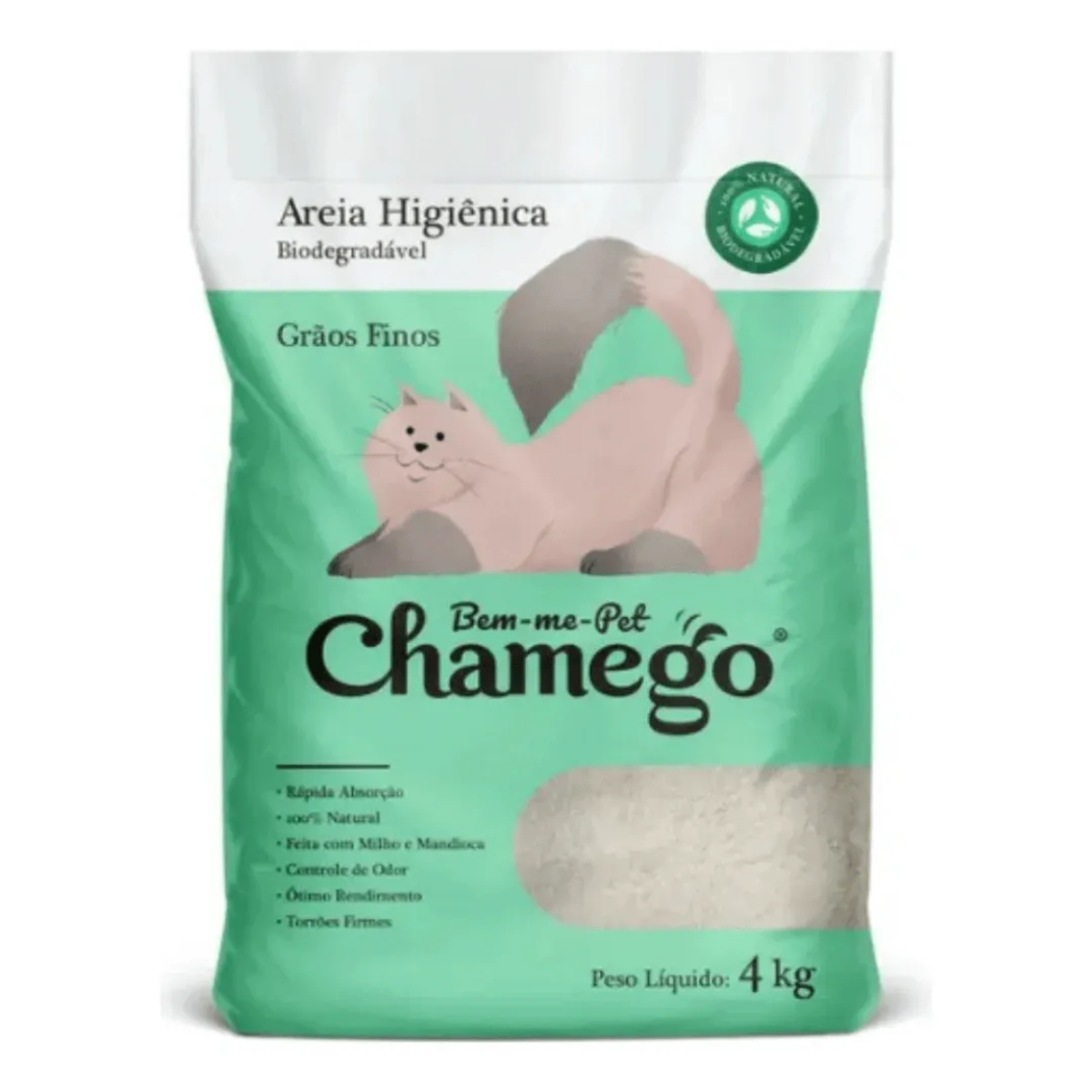 CHAMEGO AREIA HIGIÊNICA BIODEGRADÁVEL GRÃOS FINOS 4 Kg